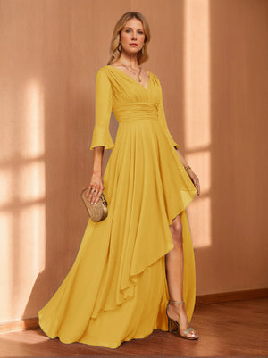 A-Line/Princess Hi-Low V-Neck 3/4 Sleeves Chiffon Mother of the Bride Dresses