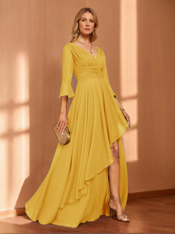 A-Line/Princess Hi-Low V-Neck 3/4 Sleeves Chiffon Mother of the Bride Dresses