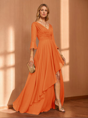 A-Line/Princess Hi-Low V-Neck 3/4 Sleeves Chiffon Mother of the Bride Dresses