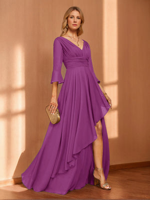 A-Line/Princess Hi-Low V-Neck 3/4 Sleeves Chiffon Mother of the Bride Dresses