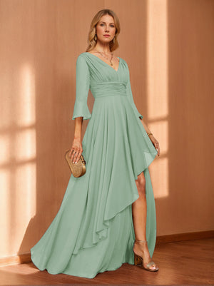 A-Line/Princess Hi-Low V-Neck 3/4 Sleeves Chiffon Mother of the Bride Dresses