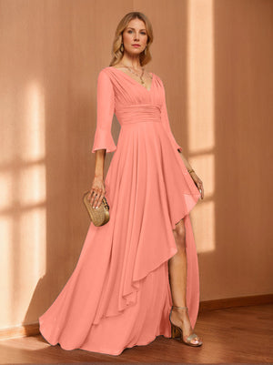 A-Line/Princess Hi-Low V-Neck 3/4 Sleeves Chiffon Mother of the Bride Dresses