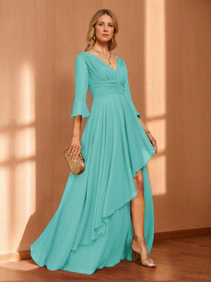 A-Line/Princess Hi-Low V-Neck 3/4 Sleeves Chiffon Mother of the Bride Dresses