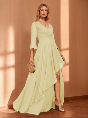 A-Line/Princess Hi-Low V-Neck 3/4 Sleeves Chiffon Mother of the Bride Dresses