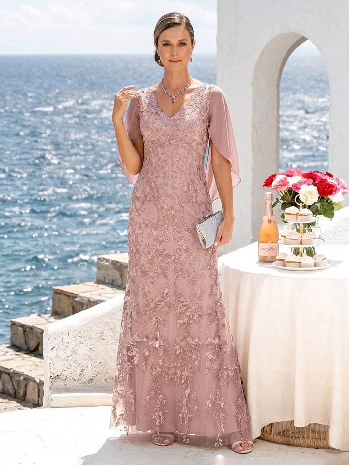 Sheath/Column V-Neck Short Sleeves Appliques Mother of the Bride Dresses with Cape