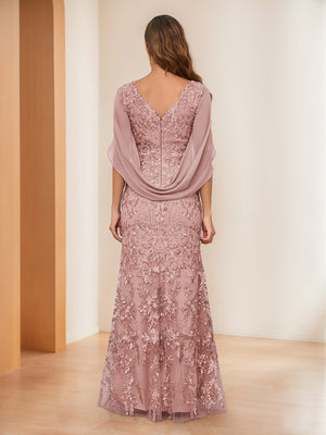 Sheath/Column V-Neck Short Sleeves Appliques Mother of the Bride Dresses with Cape