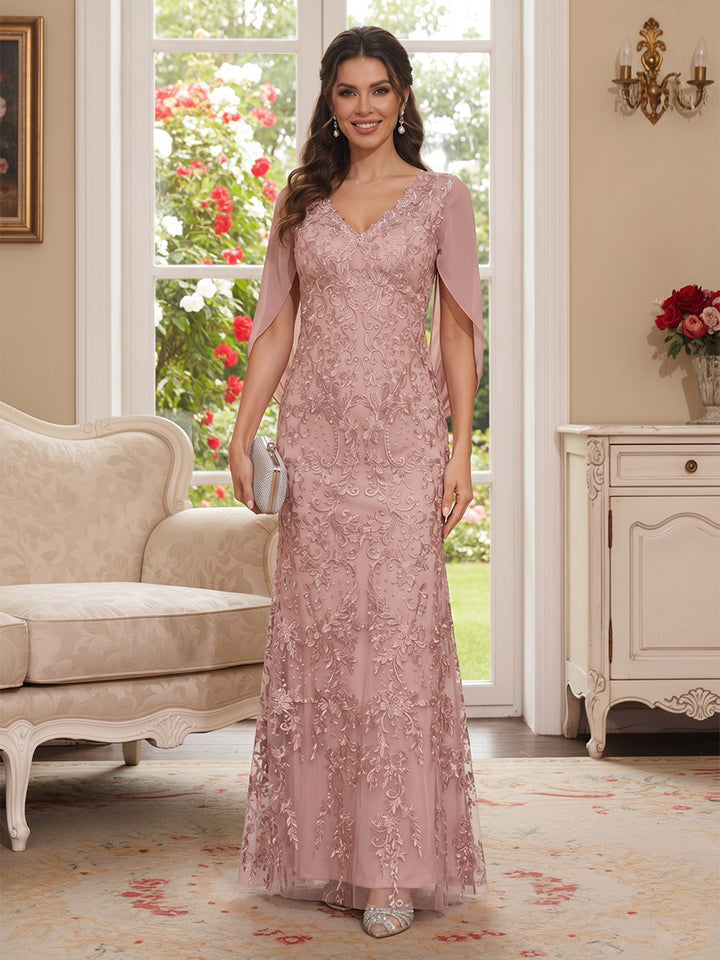 Sheath/Column V-Neck Short Sleeves Floor-Length Appliques Mother of the Bride Dresses with Cape