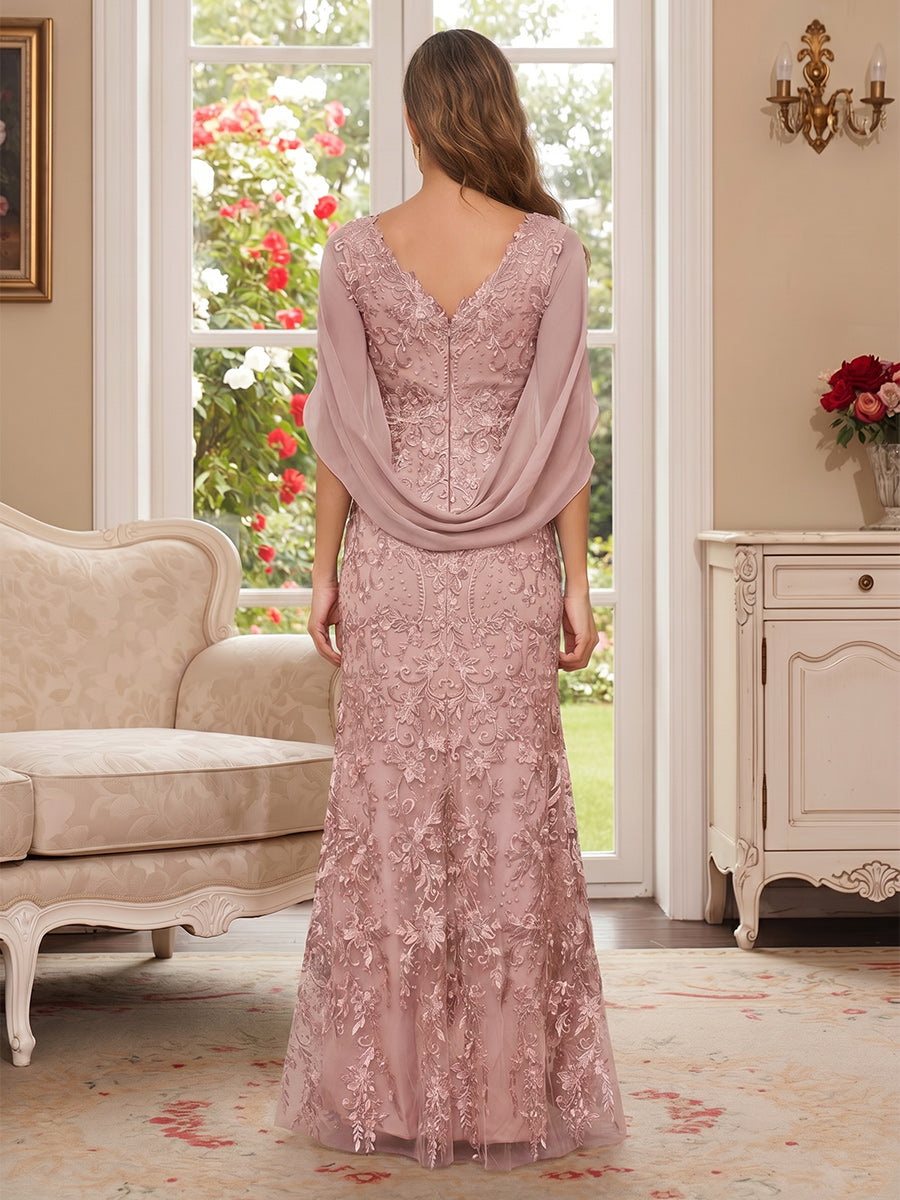 Sheath/Column V-Neck Short Sleeves Floor-Length Appliques Mother of the Bride Dresses with Cape