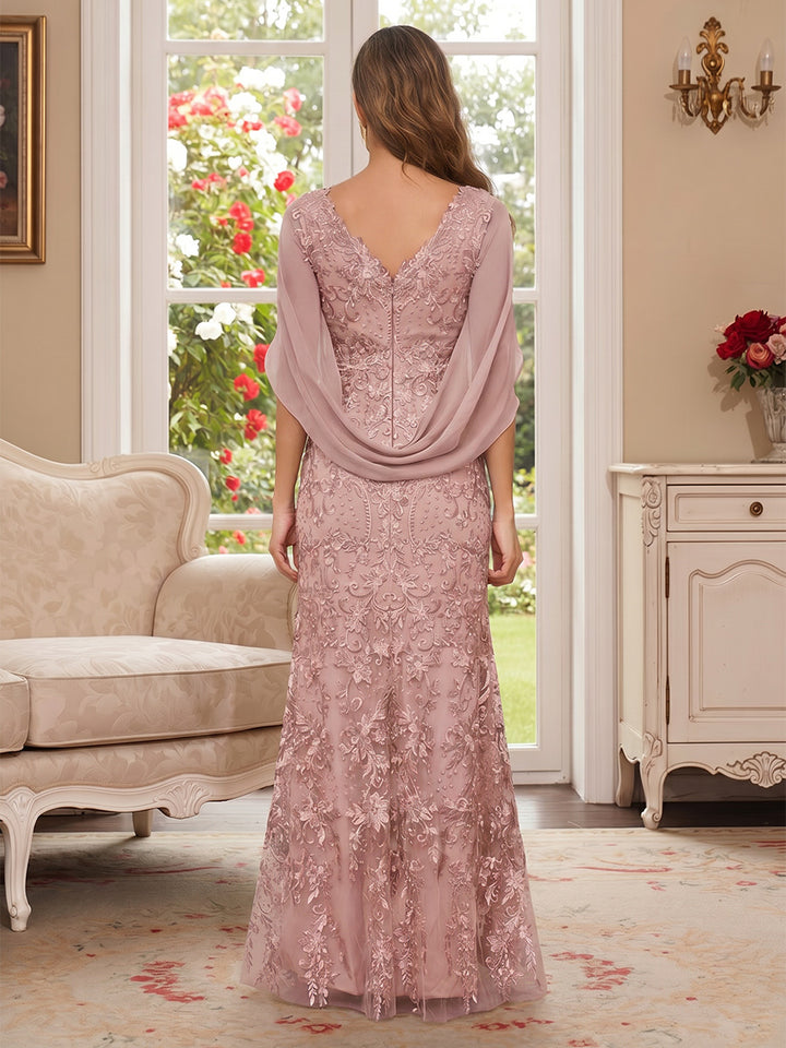 Sheath/Column V-Neck Short Sleeves Floor-Length Appliques Mother of the Bride Dresses with Cape