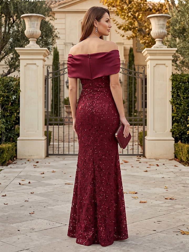 Sheath/Column Off the Shoulder Lace Mother of the Bride Dresses with Cape &amp; Sequins
