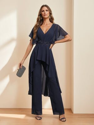Chiffon V-Neck Short Sleeves Ruched Mother of the Bride Pantsuits with Appliques