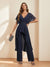 Chiffon V-Neck Short Sleeves Ruched Mother of the Bride Pantsuits with Appliques