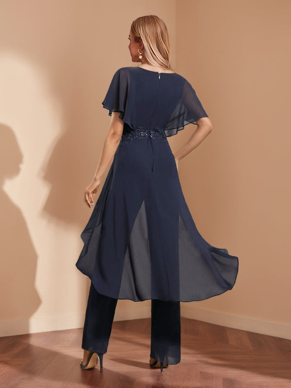 Chiffon V-Neck Short Sleeves Ruched Mother of the Bride Pantsuits with Appliques