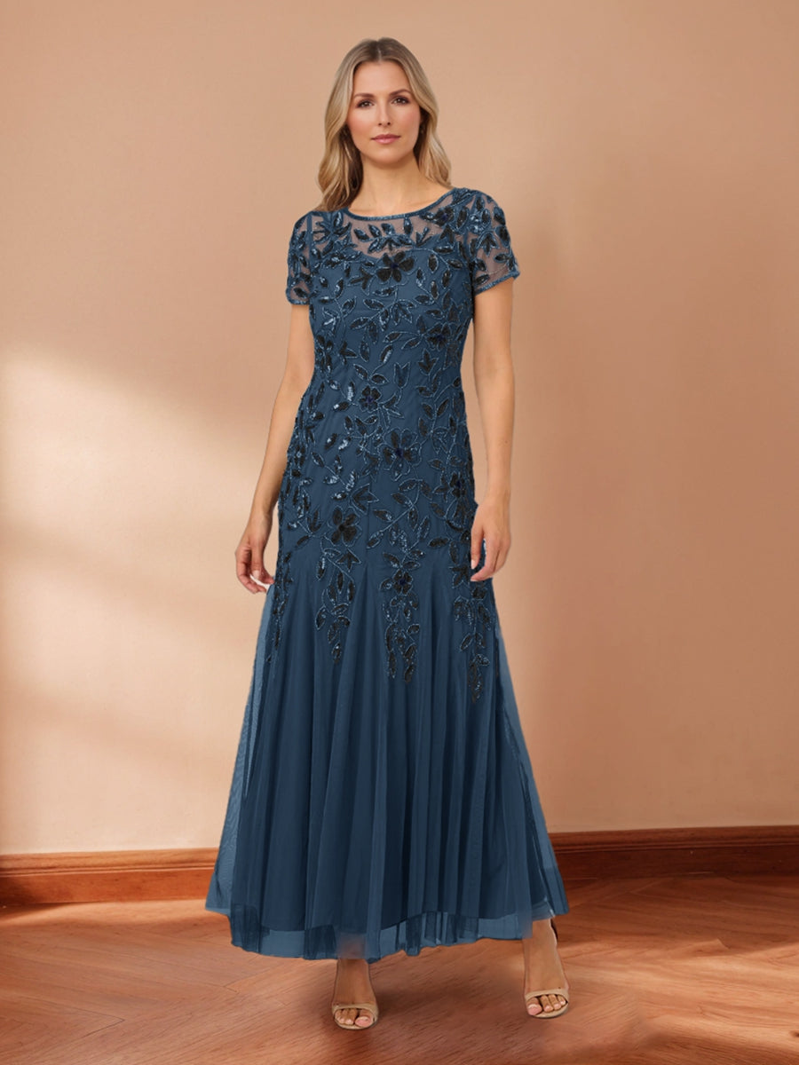 Sheath/Column Scoop Short Sleeves Beaded Mother of the Bride Dresses with Sequins