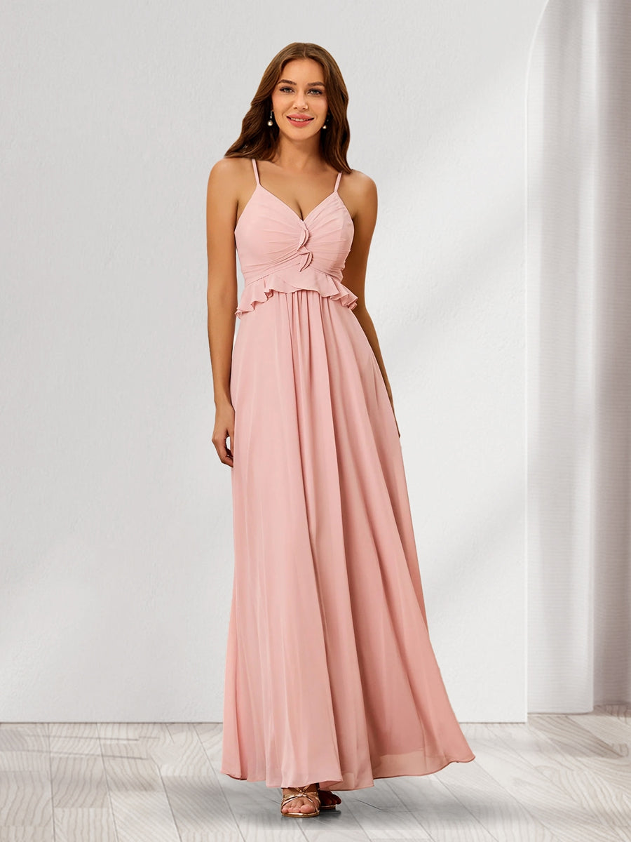 A-Line/Princess Spaghetti Straps Ruched Chiffon Bridesmaid Dresses with Ruffles