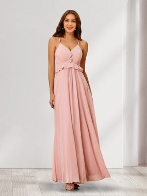 A-Line/Princess Spaghetti Straps Ruched Chiffon Bridesmaid Dresses with Ruffles