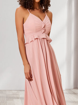 A-Line/Princess Spaghetti Straps Ruched Chiffon Bridesmaid Dresses with Ruffles