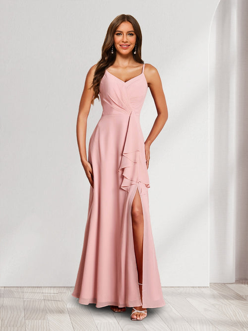 Trumpet/Mermaid Straps V-Neck Chiffon Bridesmaid Dresses with Ruffles & Split Side