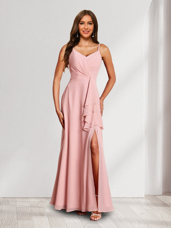 Trumpet/Mermaid Straps V-Neck Chiffon Bridesmaid Dresses with Ruffles &amp; Split Side