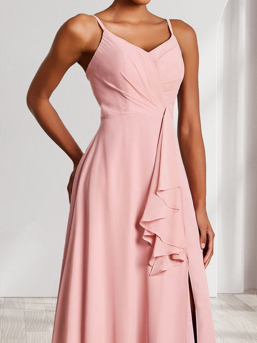 Trumpet/Mermaid Straps V-Neck Chiffon Bridesmaid Dresses with Ruffles &amp; Split Side