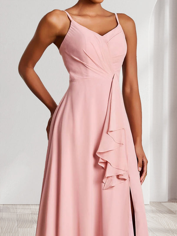 Trumpet/Mermaid Straps V-Neck Chiffon Bridesmaid Dresses with Ruffles & Split Side