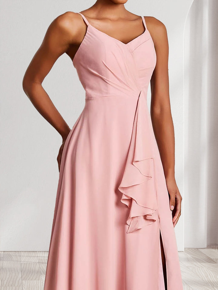 Trumpet/Mermaid Straps V-Neck Chiffon Bridesmaid Dresses with Ruffles &amp; Split Side