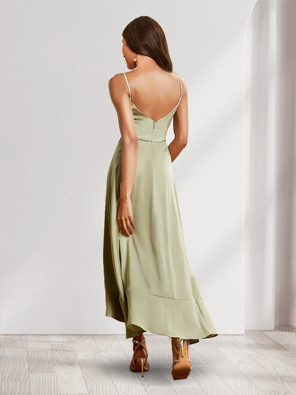 A-Line/Princess V-Neck Straps Asymmetrical Wedding Guest Dresses with Ruffles