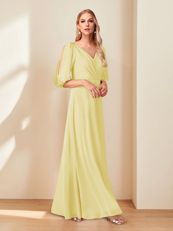A-Line/Princess V-Neck Half Sleeves Chiffon Mother of the Bride Dresses