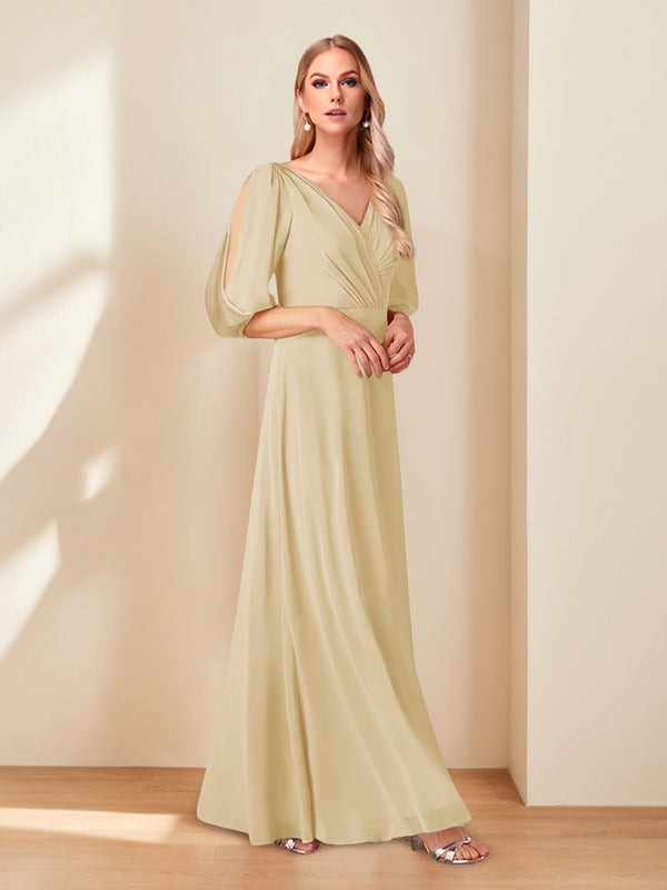 A-Line/Princess V-Neck Half Sleeves Chiffon Mother of the Bride Dresses