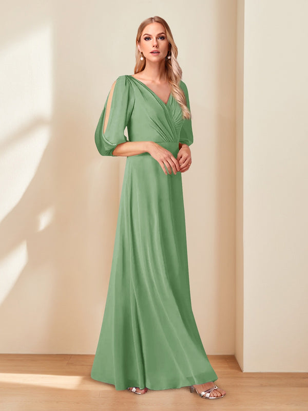 A-Line/Princess V-Neck Half Sleeves Chiffon Mother of the Bride Dresses
