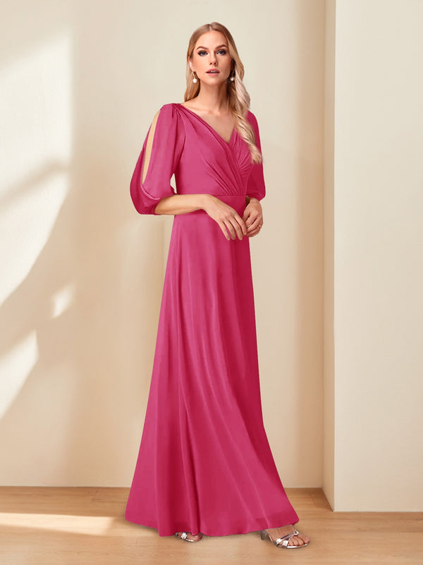 A-Line/Princess V-Neck Half Sleeves Chiffon Mother of the Bride Dresses