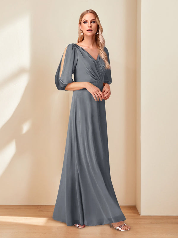 A-Line/Princess V-Neck Half Sleeves Chiffon Mother of the Bride Dresses