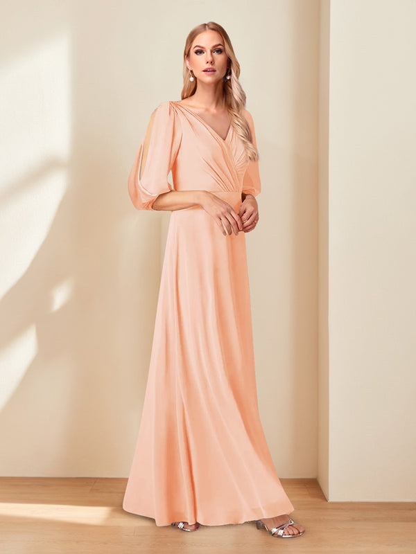 A-Line/Princess V-Neck Half Sleeves Chiffon Mother of the Bride Dresses