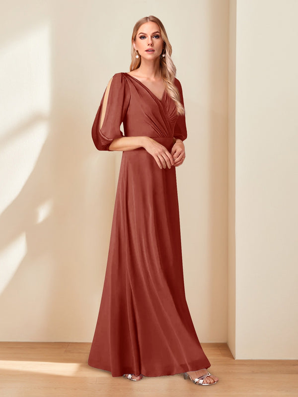 A-Line/Princess V-Neck Half Sleeves Chiffon Mother of the Bride Dresses