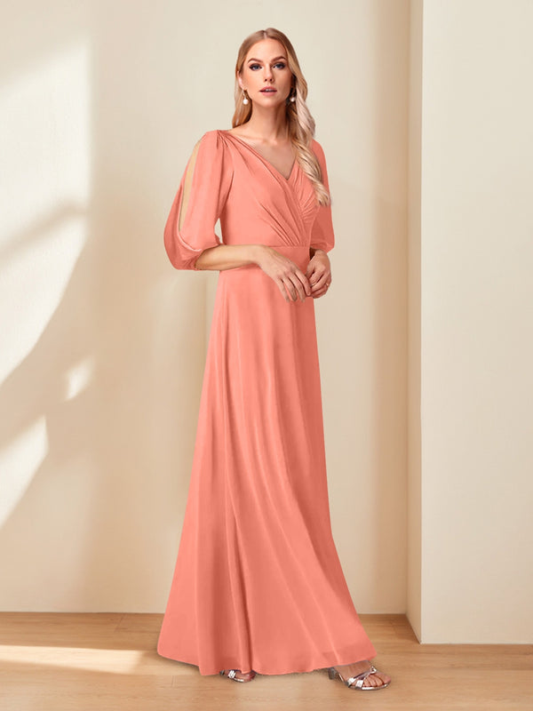 A-Line/Princess V-Neck Half Sleeves Chiffon Mother of the Bride Dresses