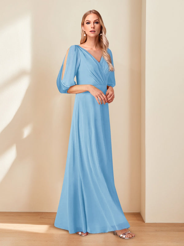 A-Line/Princess V-Neck Half Sleeves Chiffon Mother of the Bride Dresses