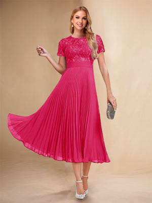 A-Line/Princess Scoop Short Sleeves Pleated Mother of the Bride Dresses with Appliques