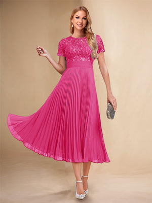 A-Line/Princess Scoop Short Sleeves Pleated Mother of the Bride Dresses with Appliques