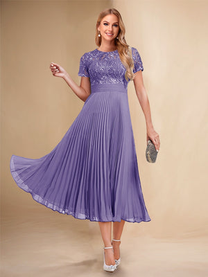 A-Line/Princess Scoop Short Sleeves Pleated Mother of the Bride Dresses with Appliques