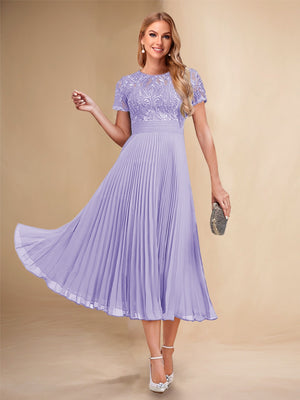 A-Line/Princess Scoop Short Sleeves Pleated Mother of the Bride Dresses with Appliques