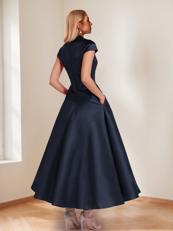 A-Line/Princess V-Neck Short Sleeves Mother of the Bride Dresses with Pockets &amp; Flower