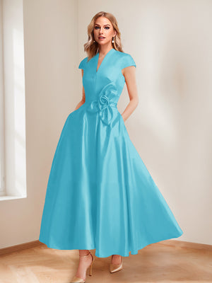 A-Line/Princess V-Neck Short Sleeves Mother of the Bride Dresses with Pockets & Flower