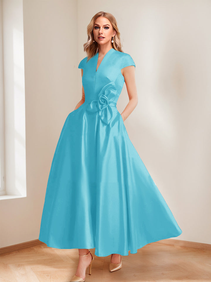 A-Line/Princess V-Neck Short Sleeves Mother of the Bride Dresses with Pockets &amp; Flower