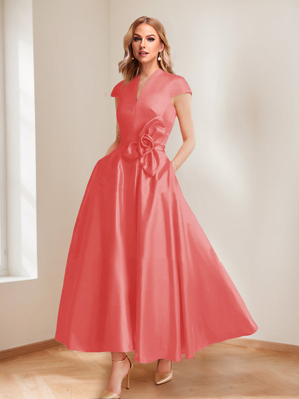 A-Line/Princess V-Neck Short Sleeves Mother of the Bride Dresses with Pockets & Flower