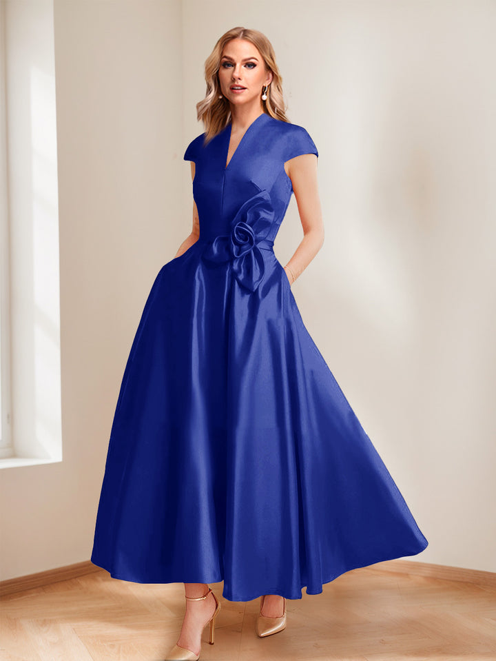 A-Line/Princess V-Neck Short Sleeves Mother of the Bride Dresses with Pockets &amp; Flower