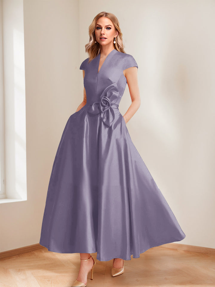 A-Line/Princess V-Neck Short Sleeves Mother of the Bride Dresses with Pockets &amp; Flower