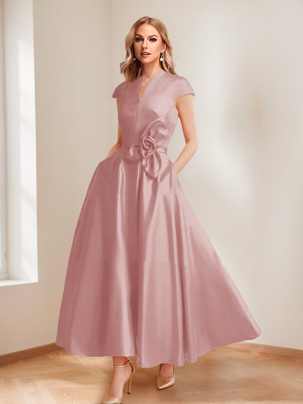 A-Line/Princess V-Neck Short Sleeves Mother of the Bride Dresses with Pockets & Flower