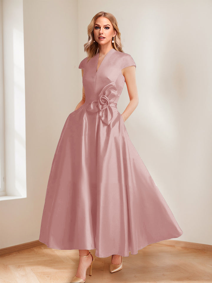 A-Line/Princess V-Neck Short Sleeves Mother of the Bride Dresses with Pockets &amp; Flower