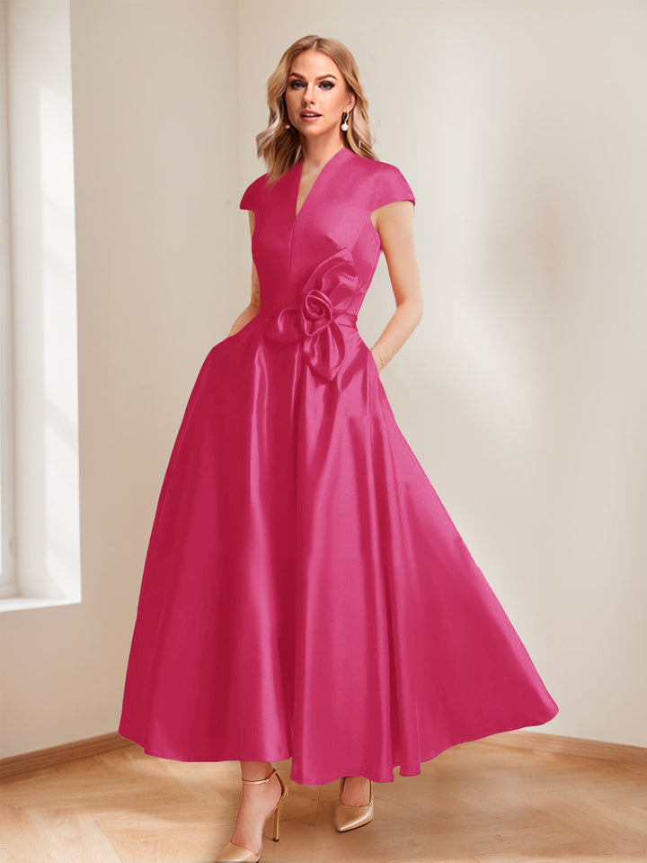 A-Line/Princess V-Neck Short Sleeves Mother of the Bride Dresses with Pockets &amp; Flower