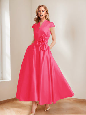 A-Line/Princess V-Neck Short Sleeves Mother of the Bride Dresses with Pockets & Flower